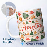Personalized Custom Name Watercolor Christmas Tree Star Bell Minimal Holiday Seamless Pattern 11oz Ceramic Coffee Tea Mug White Large Handle