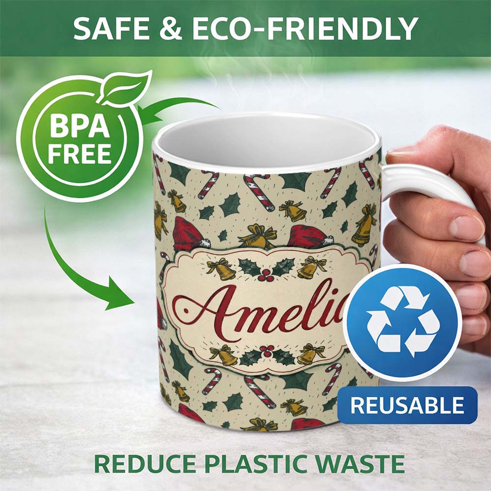 Personalized Custom Name Christmas Candy Cane Bells Santa Hat Seamless Pattern Lovely 11oz Ceramic Coffee Tea Mug White Large Handle
