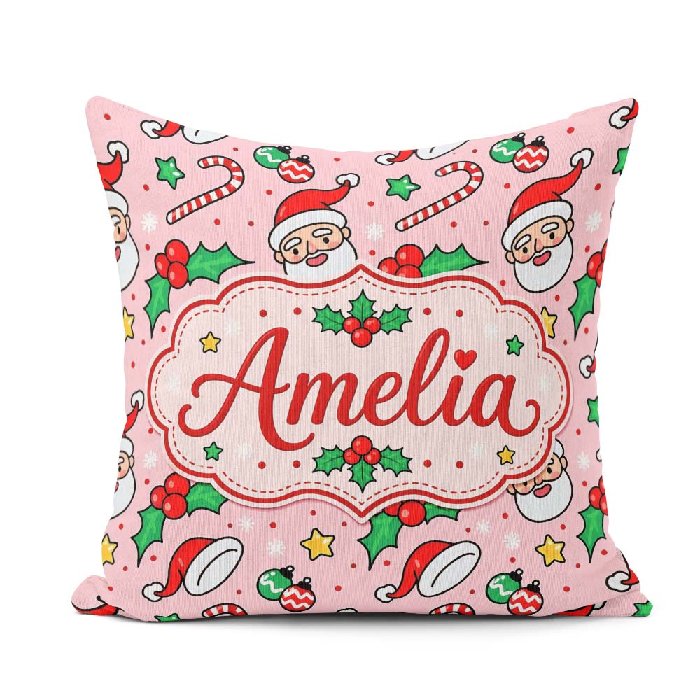 Custom Name Santa Face Hats Candy Cane Pink Seamless Pattern Square Filled Cushion Throw Pillow Sofa Bed Home Decor Zip Washable UK Made