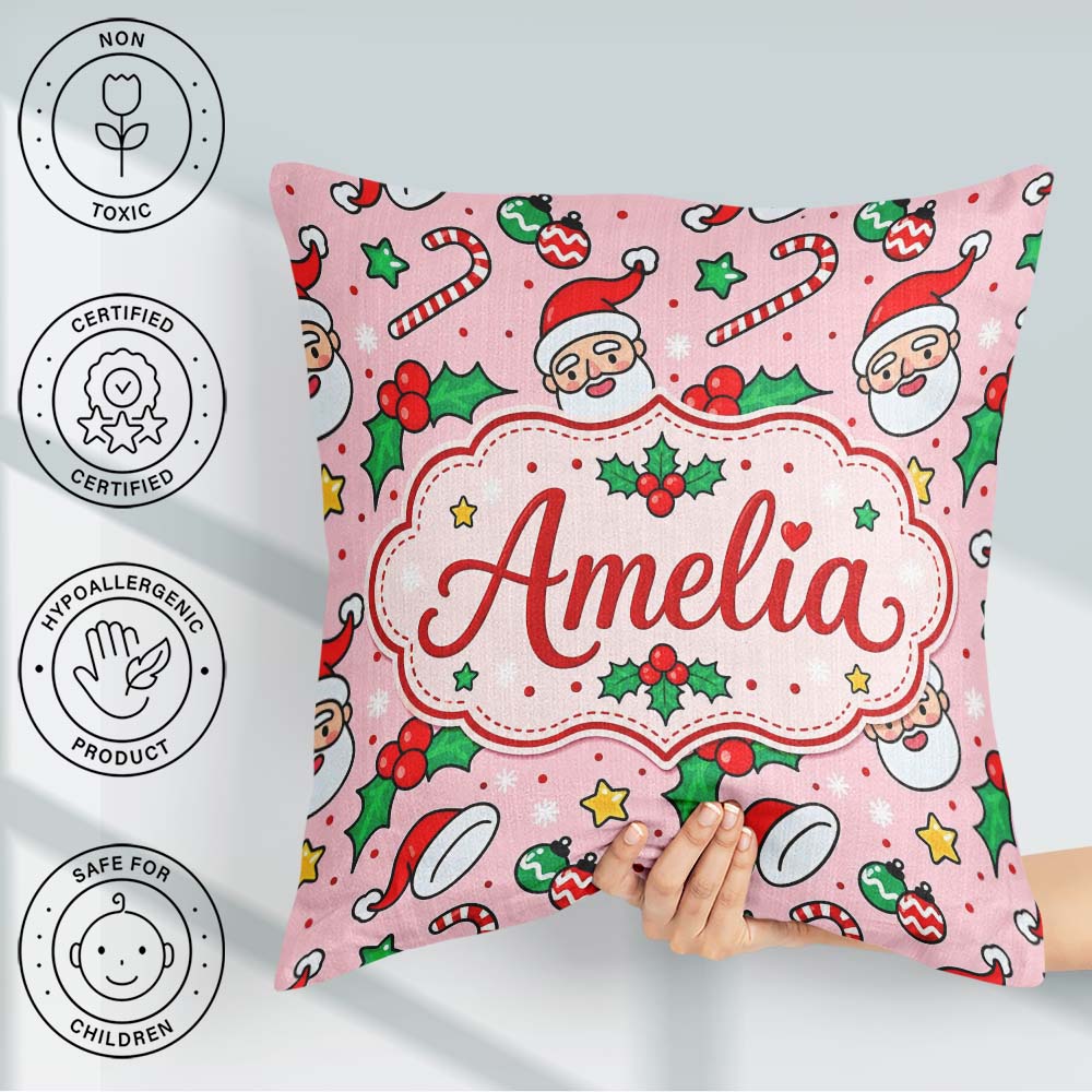 Custom Name Santa Face Hats Candy Cane Pink Seamless Pattern Square Filled Cushion Throw Pillow Sofa Bed Home Decor Zip Washable UK Made
