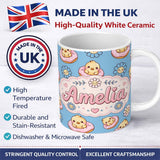Personalized Custom Name Cute Baby Chick Donut Flowers Seamless Pattern Blue Background 11oz Ceramic Coffee Tea Mug White Large Handle