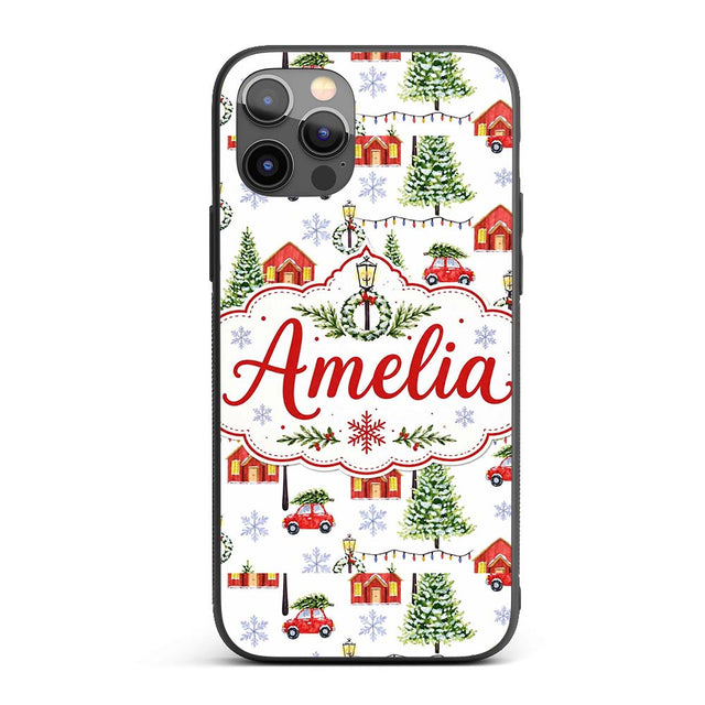 Watercolor Christmas Village Trees Cars Snow Custom Name Protective Phone Case Mobile Cover Durable Everyday Smartphone Shock Resistant