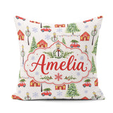 Custom Name Watercolor Christmas Village Trees Cars Snow Pattern Square Filled Cushion Throw Pillow Sofa Bed Home Decor Zip Washable UK Made