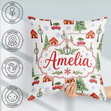 Custom Name Watercolor Christmas Village Trees Cars Snow Pattern Square Filled Cushion Throw Pillow Sofa Bed Home Decor Zip Washable UK Made