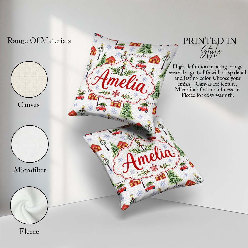 Custom Name Watercolor Christmas Village Trees Cars Snow Pattern Square Filled Cushion Throw Pillow Sofa Bed Home Decor Zip Washable UK Made