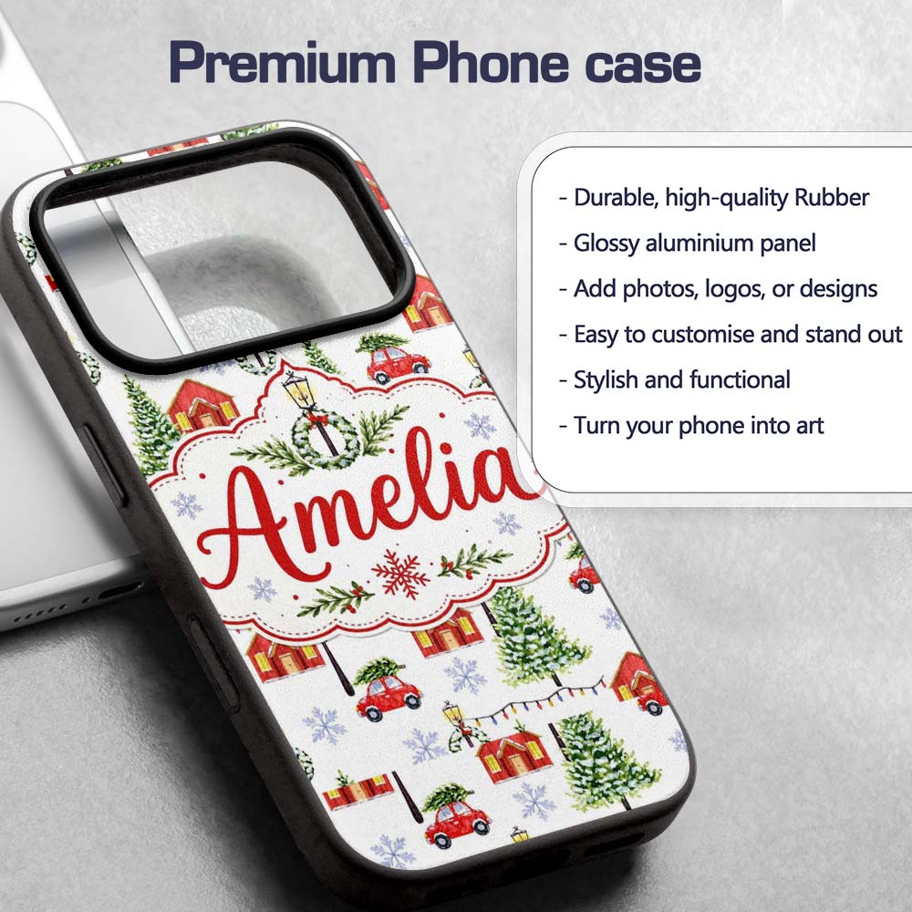 Watercolor Christmas Village Trees Cars Snow Custom Name Protective Phone Case Mobile Cover Durable Everyday Smartphone Shock Resistant