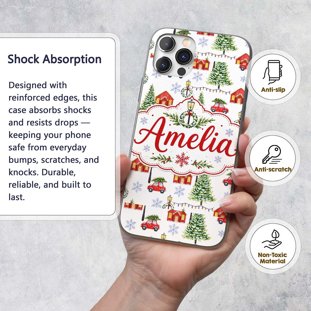 Watercolor Christmas Village Trees Cars Snow Custom Name Protective Phone Case Mobile Cover Durable Everyday Smartphone Shock Resistant
