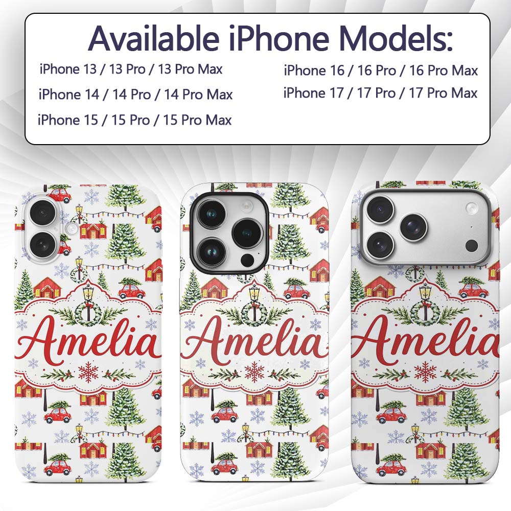 Watercolor Christmas Village Trees Cars Snow Custom Name Protective Phone Case Mobile Cover Durable Everyday Smartphone Shock Resistant