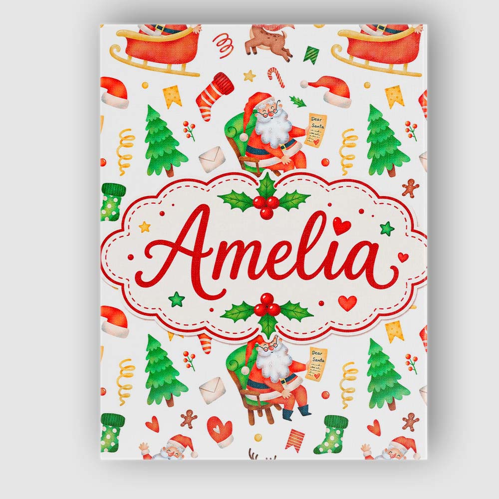 Personalised Name Cute Santa Sleigh Reindeer Custom Bespoke  Contemporary Display Canvas Wall Art Print Decor Picture Ready to Hang