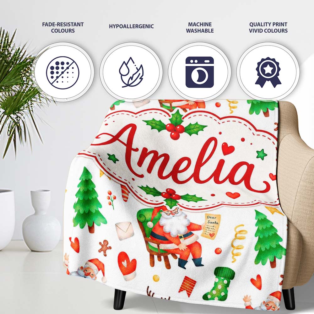 Cute Santa Sleigh Reindeer Socks Gifts Seamless Pattern Lovely  Personalised Custom Name Super Soft Fleece Blanket Bed Sofa Throw