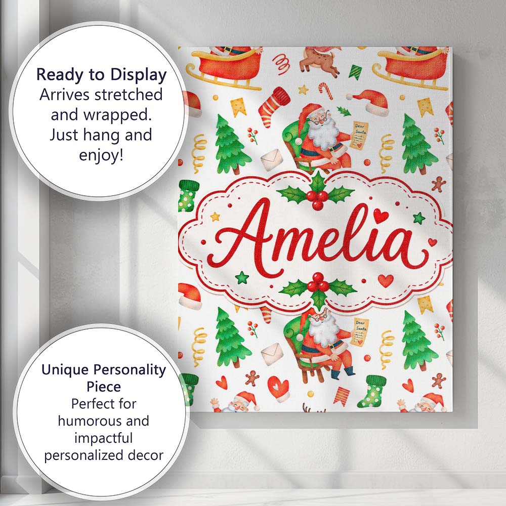Personalised Name Cute Santa Sleigh Reindeer Custom Bespoke  Contemporary Display Canvas Wall Art Print Decor Picture Ready to Hang