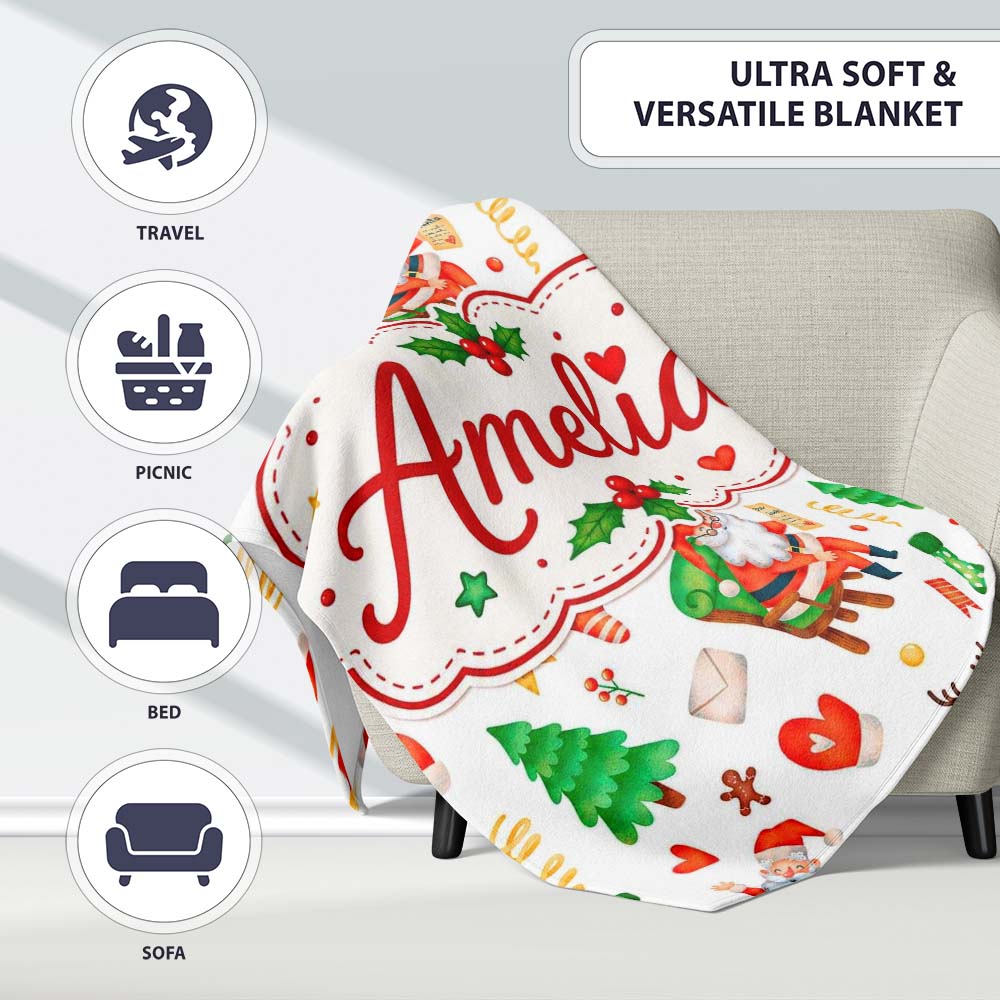 Cute Santa Sleigh Reindeer Socks Gifts Seamless Pattern Lovely  Personalised Custom Name Super Soft Fleece Blanket Bed Sofa Throw