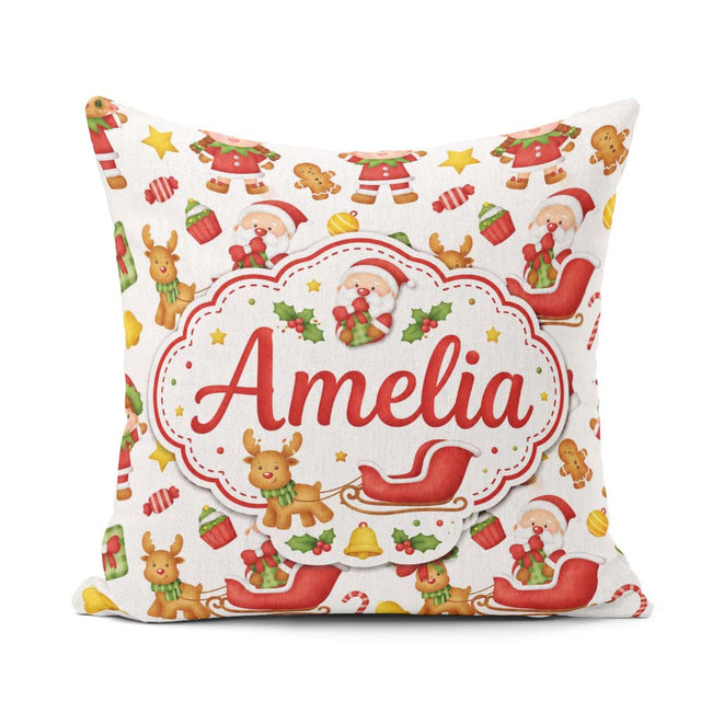 Custom Name Cute Santa Reindeer Elf Characters Seamless Pattern Square Filled Cushion Throw Pillow Sofa Bed Home Decor Zip Washable UK Made