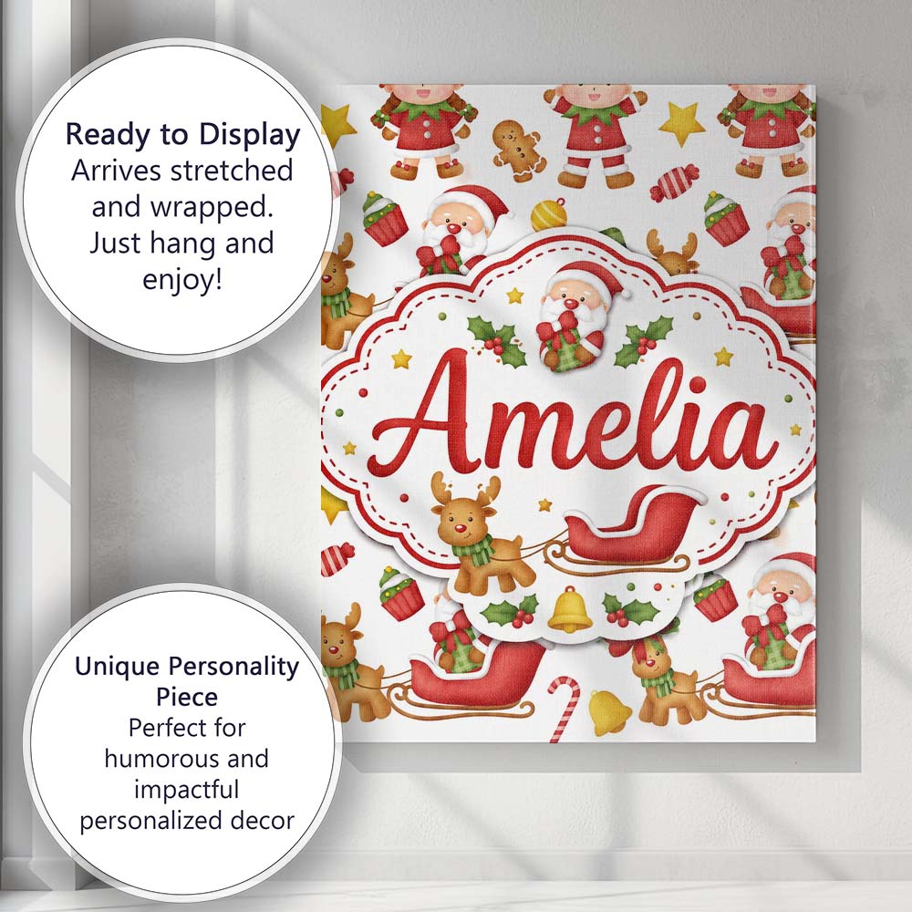 Personalised Name Cute Santa Reindeer Elf Custom  Unique Gift Idea Elegant Feature Canvas Wall Art Print Decor Picture Ready to Hang