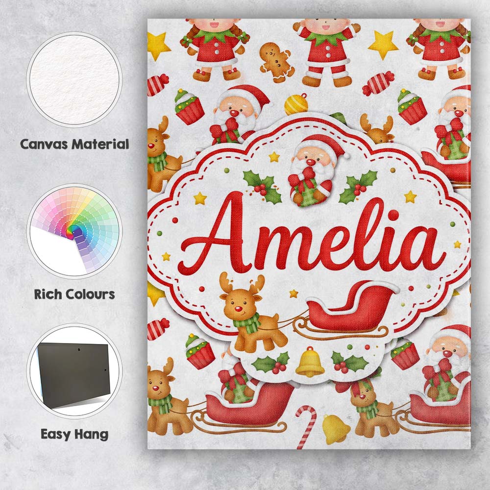 Personalised Name Cute Santa Reindeer Elf Custom  Unique Gift Idea Elegant Feature Canvas Wall Art Print Decor Picture Ready to Hang