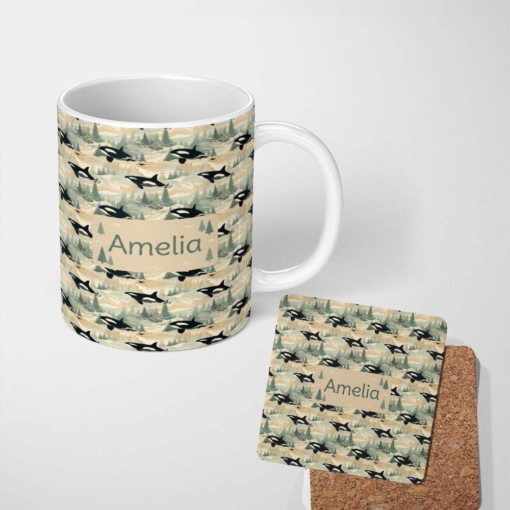 Personalized Custom Name Artistic Orca Whale Splash Texture Seamless Pattern Marine Lovely 11oz Ceramic Coffee Tea Mug White Large Handle