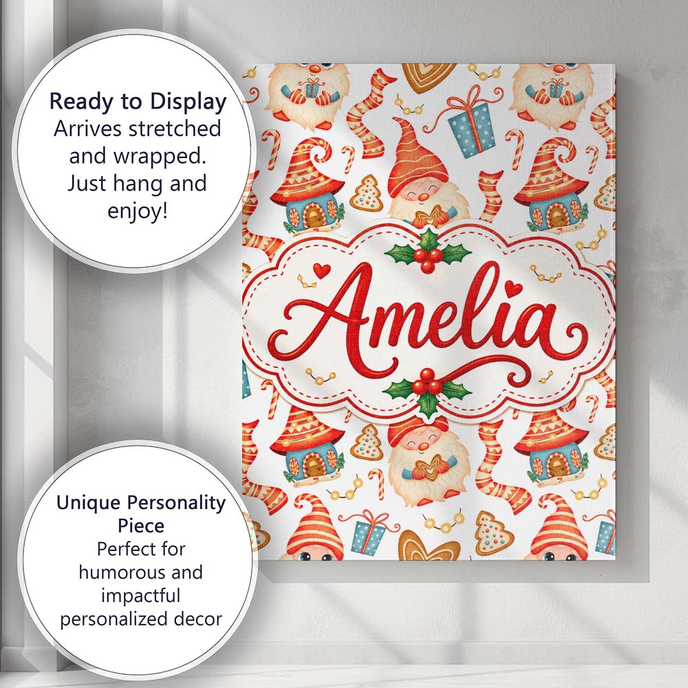 Personalised Name Cute Christmas Gnome Custom  Modern Room Accent Elegant Feature Canvas Wall Art Print Decor Picture Ready to Hang