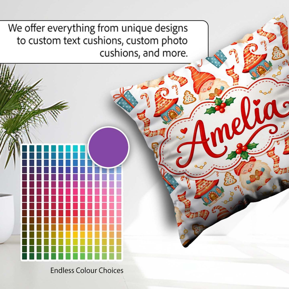 Custom Name Christmas Gnome House Candy Cane Seamless Pattern Square Filled Cushion Throw Pillow Sofa Bed Home Decor Zip Washable UK Made
