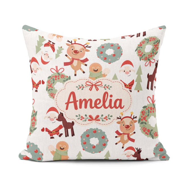 Custom Name Santa Reindeer Gingerbread Wreath Seamless Pattern Square Filled Cushion Throw Pillow Sofa Bed Home Decor Zip Washable UK Made