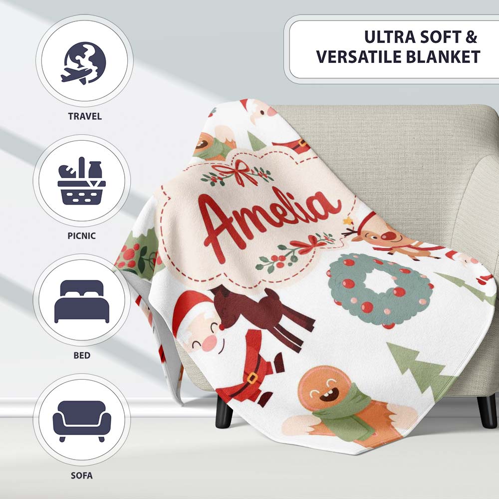 Cute Santa Reindeer Gingerbread Wreath Seamless Pattern Lovely  Personalised Custom Name Super Soft Fleece Blanket Bed Sofa Throw