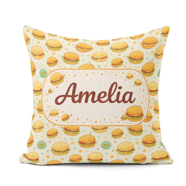 Custom Name Mini Burger Seamless Mint Green Background Fast Food Square Filled Cushion Throw Pillow Sofa Bed Home Decor Zip Washable UK Made