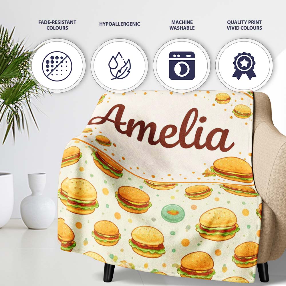 Cute Mini Burger Seamless Pattern Mint Green Background Fast Food  Personalised Custom Name Super Soft Fleece Blanket Bed Sofa Throw