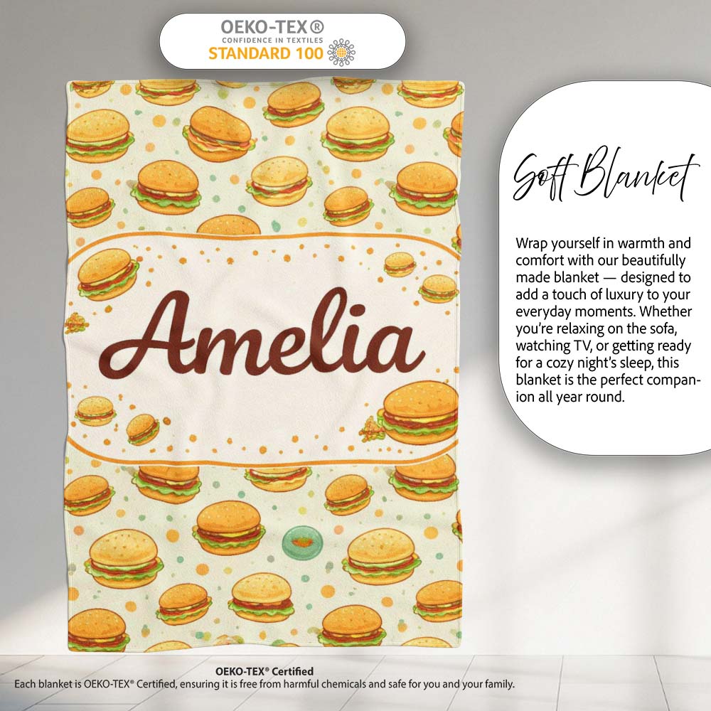 Cute Mini Burger Seamless Pattern Mint Green Background Fast Food  Personalised Custom Name Super Soft Fleece Blanket Bed Sofa Throw