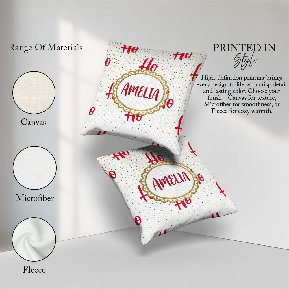 Custom Name Festive Ho Ho Ho Red Gold Polka Dot Seamless Pattern Square Filled Cushion Throw Pillow Sofa Bed Home Decor Zip Washable UK Made