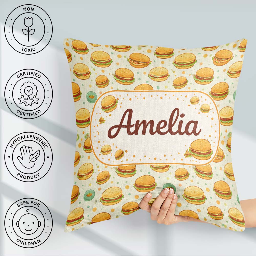 Custom Name Mini Burger Seamless Mint Green Background Fast Food Square Filled Cushion Throw Pillow Sofa Bed Home Decor Zip Washable UK Made