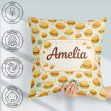 Custom Name Mini Burger Seamless Mint Green Background Fast Food Square Filled Cushion Throw Pillow Sofa Bed Home Decor Zip Washable UK Made