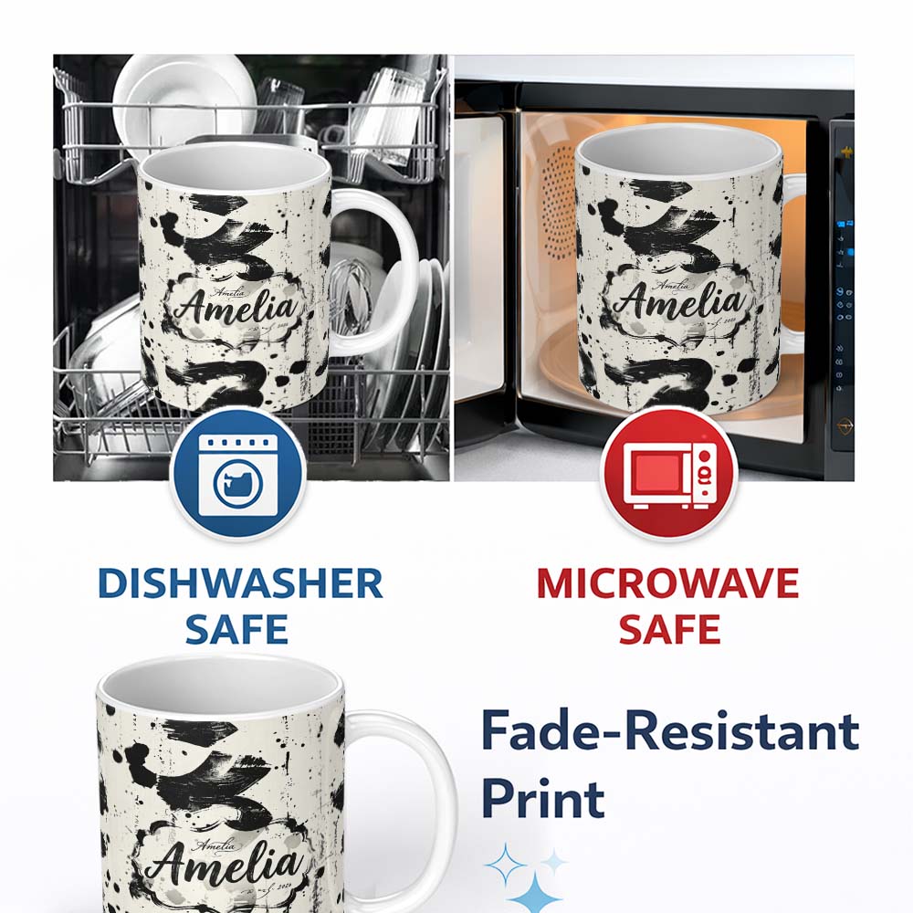 Personalized Custom Name Expressive Black Ink Calligraphy Brush Marks on Neutral Background 11oz Ceramic Coffee Tea Mug White Large Handle