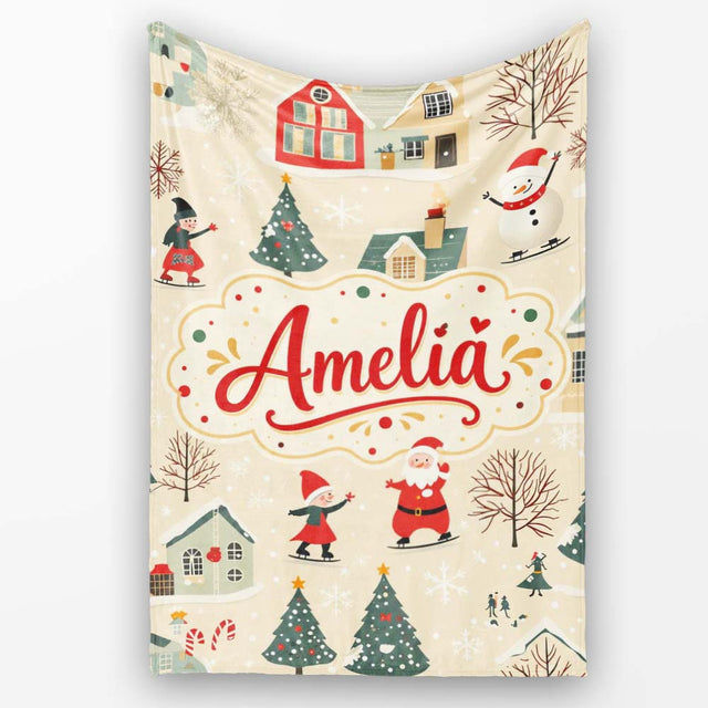 Vintage Christmas Village Snowman Santa Winter Scene Seamless Lovely  Personalised Custom Name Super Soft Fleece Blanket Bed Sofa Throw