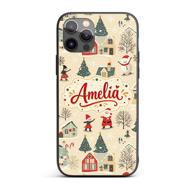 Vintage Christmas Village Snowman Santa Winter Custom Name Protective Phone Case Mobile Cover Durable Everyday Smartphone Shock Resistant