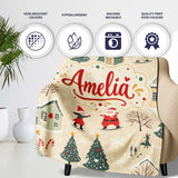 Vintage Christmas Village Snowman Santa Winter Scene Seamless Lovely  Personalised Custom Name Super Soft Fleece Blanket Bed Sofa Throw