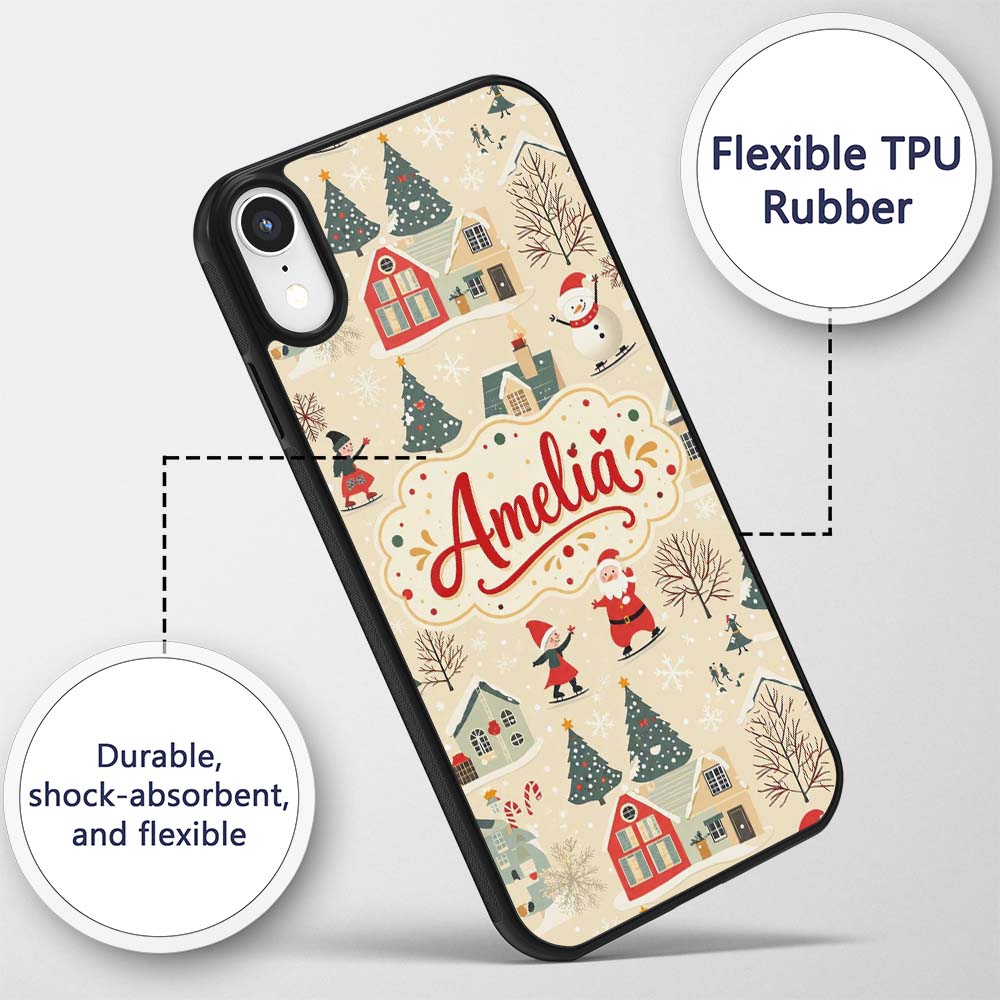 Vintage Christmas Village Snowman Santa Winter Custom Name Protective Phone Case Mobile Cover Durable Everyday Smartphone Shock Resistant