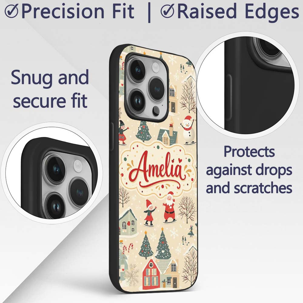 Vintage Christmas Village Snowman Santa Winter Custom Name Protective Phone Case Mobile Cover Durable Everyday Smartphone Shock Resistant