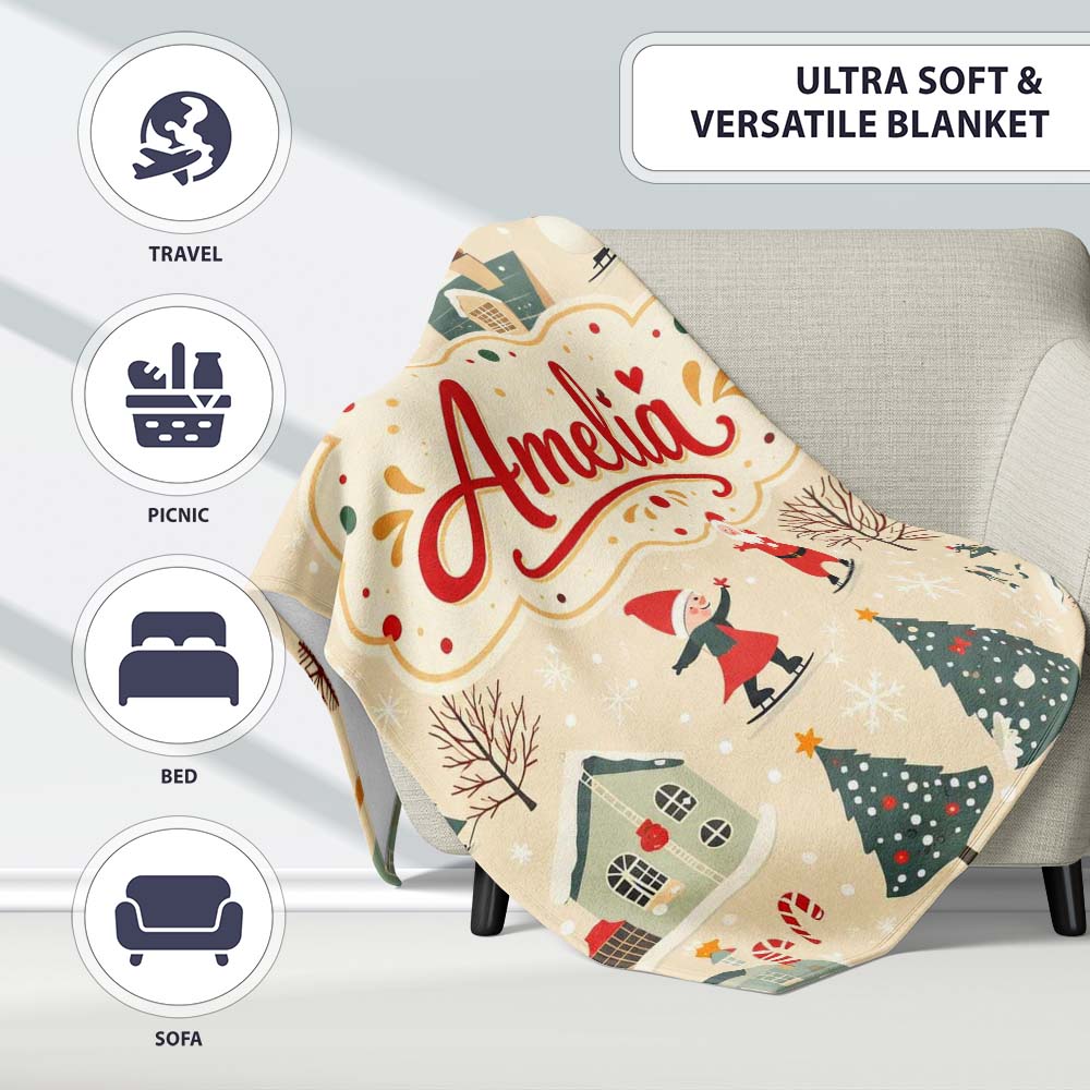 Vintage Christmas Village Snowman Santa Winter Scene Seamless Lovely  Personalised Custom Name Super Soft Fleece Blanket Bed Sofa Throw