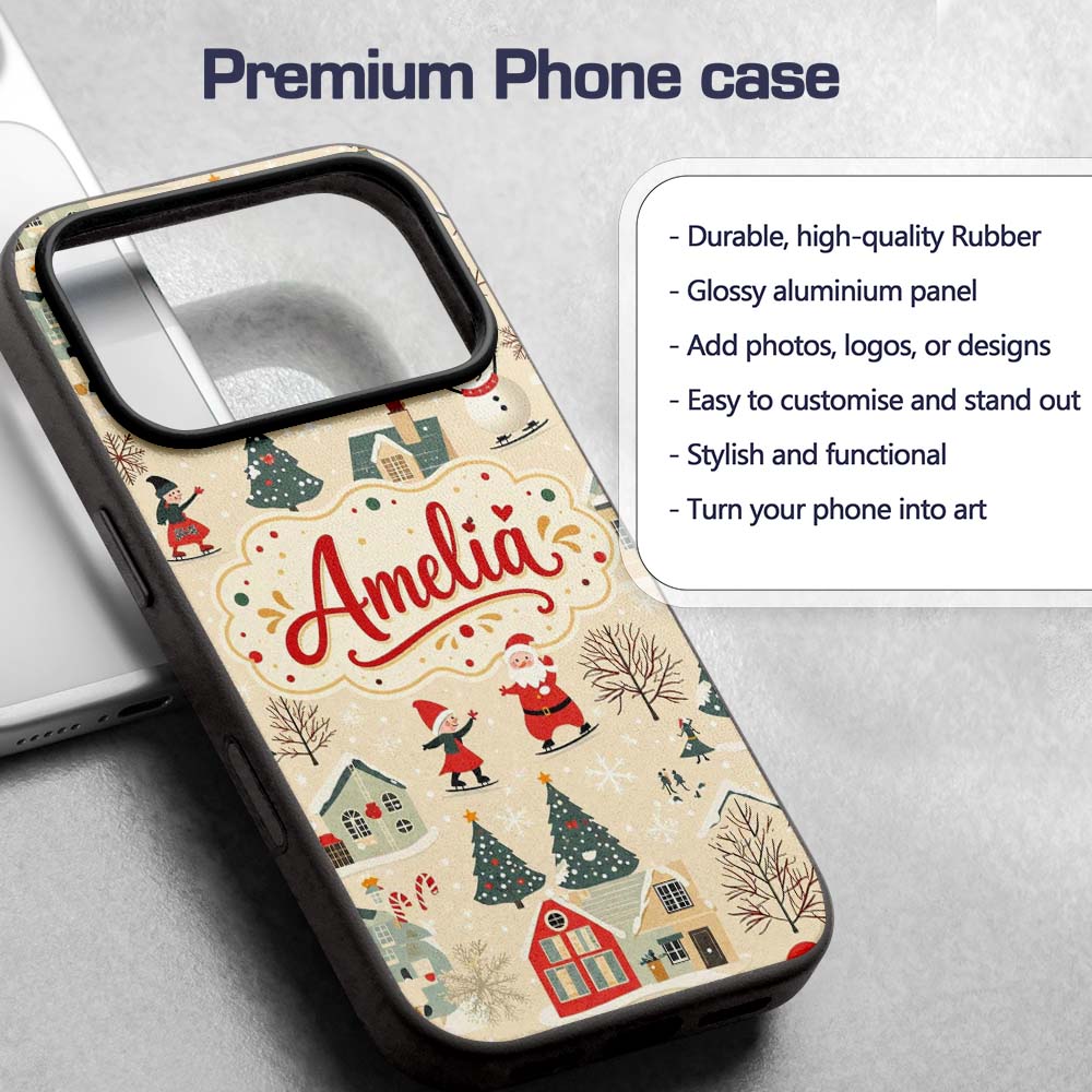 Vintage Christmas Village Snowman Santa Winter Custom Name Protective Phone Case Mobile Cover Durable Everyday Smartphone Shock Resistant