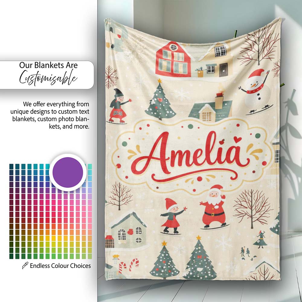 Vintage Christmas Village Snowman Santa Winter Scene Seamless Lovely  Personalised Custom Name Super Soft Fleece Blanket Bed Sofa Throw