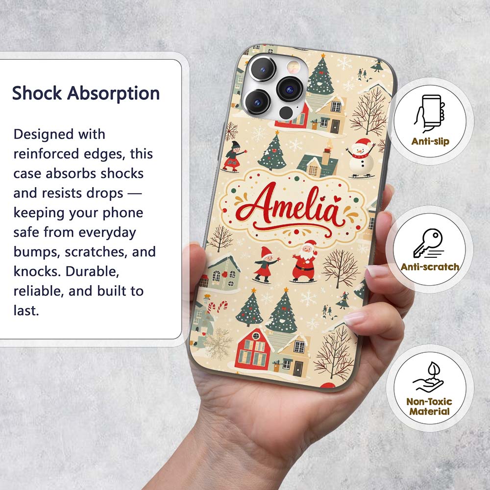 Vintage Christmas Village Snowman Santa Winter Custom Name Protective Phone Case Mobile Cover Durable Everyday Smartphone Shock Resistant