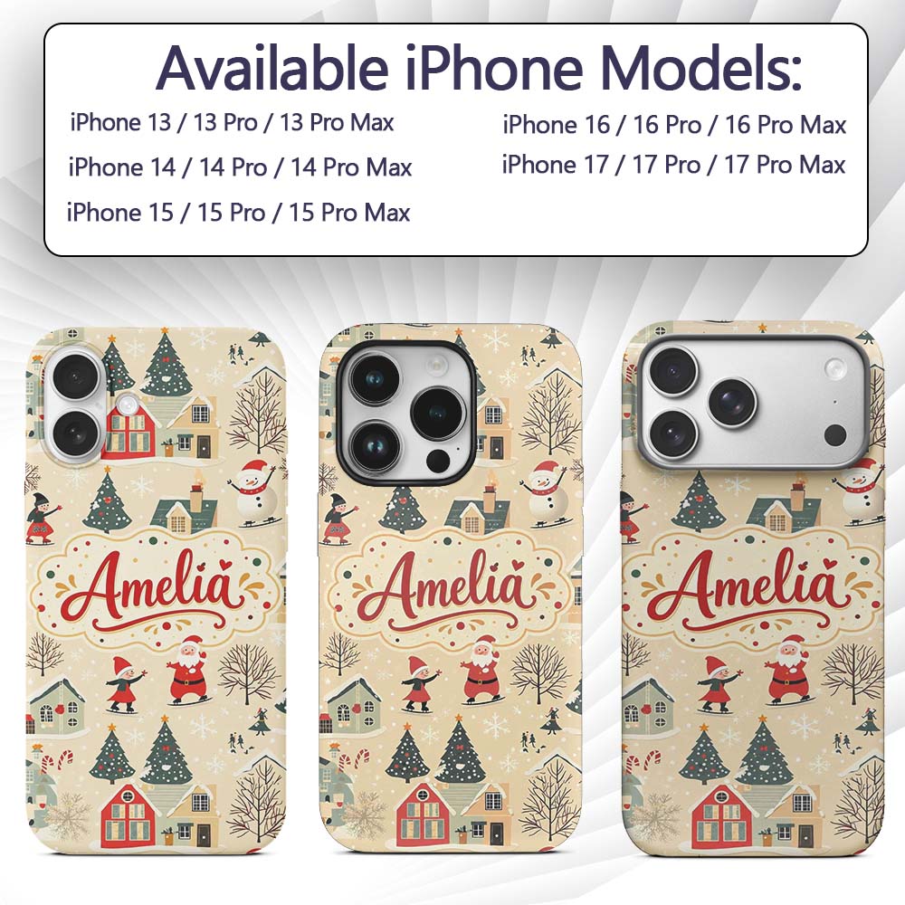 Vintage Christmas Village Snowman Santa Winter Custom Name Protective Phone Case Mobile Cover Durable Everyday Smartphone Shock Resistant