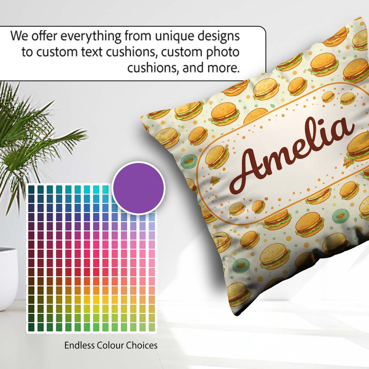 Custom Name Mini Burger Seamless Mint Green Background Fast Food Square Filled Cushion Throw Pillow Sofa Bed Home Decor Zip Washable UK Made