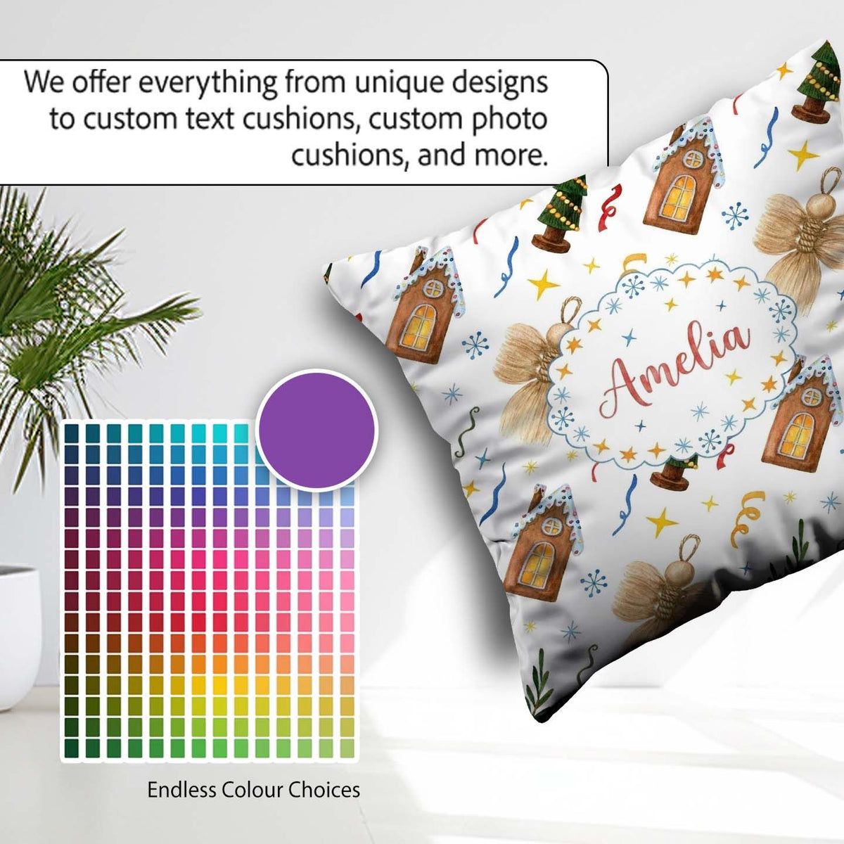 Custom Name Rustic Christmas Angel House Stars Seamless Pattern Square Filled Cushion Throw Pillow Sofa Bed Home Decor Zip Washable UK Made