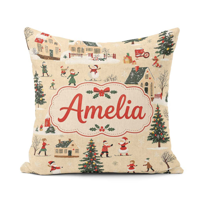 Custom Name Classic Village Ice Skating Christmas Scene Seamless Square Filled Cushion Throw Pillow Sofa Bed Home Decor Zip Washable UK Made