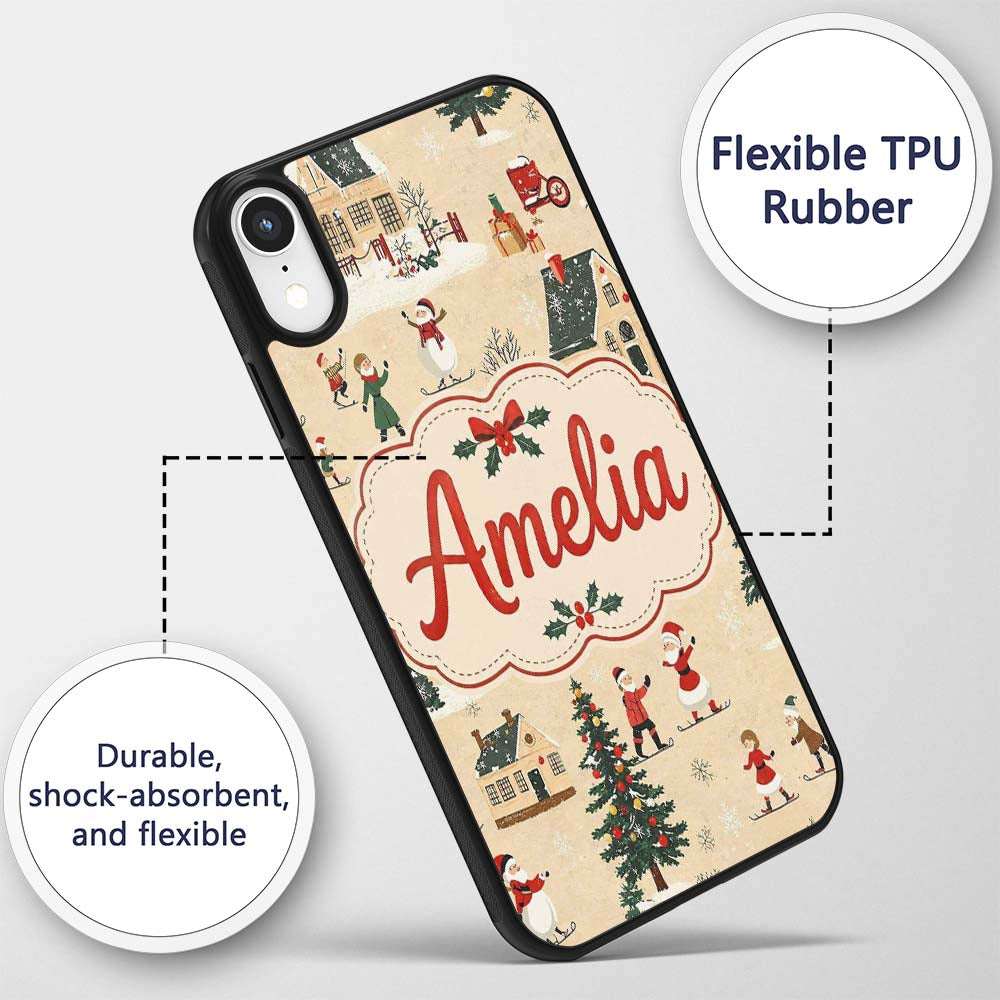 Classic Winter Village Ice Skating Christmas Custom Name Protective Phone Case Mobile Cover Durable Everyday Smartphone Shock Resistant
