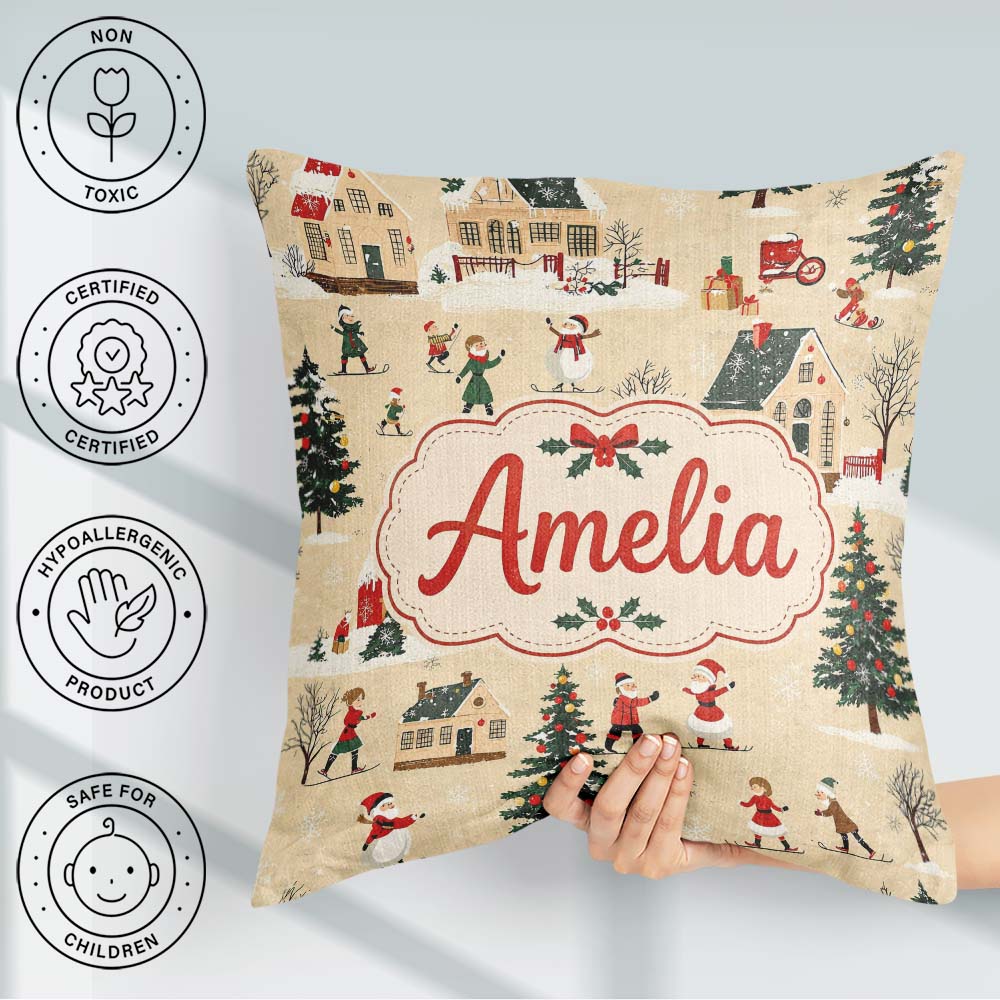 Custom Name Classic Village Ice Skating Christmas Scene Seamless Square Filled Cushion Throw Pillow Sofa Bed Home Decor Zip Washable UK Made