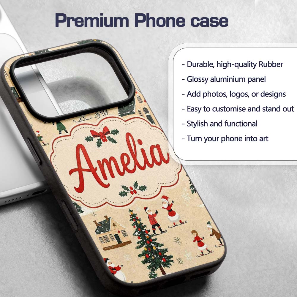 Classic Winter Village Ice Skating Christmas Custom Name Protective Phone Case Mobile Cover Durable Everyday Smartphone Shock Resistant