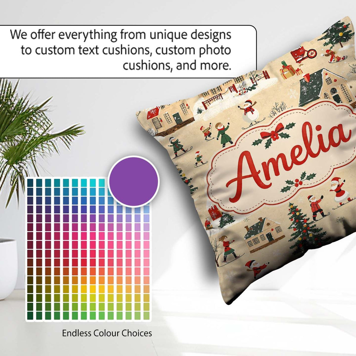 Custom Name Classic Village Ice Skating Christmas Scene Seamless Square Filled Cushion Throw Pillow Sofa Bed Home Decor Zip Washable UK Made