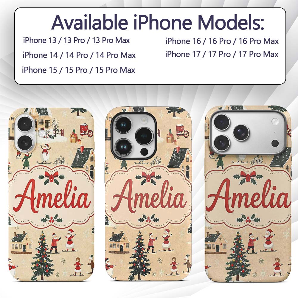 Classic Winter Village Ice Skating Christmas Custom Name Protective Phone Case Mobile Cover Durable Everyday Smartphone Shock Resistant