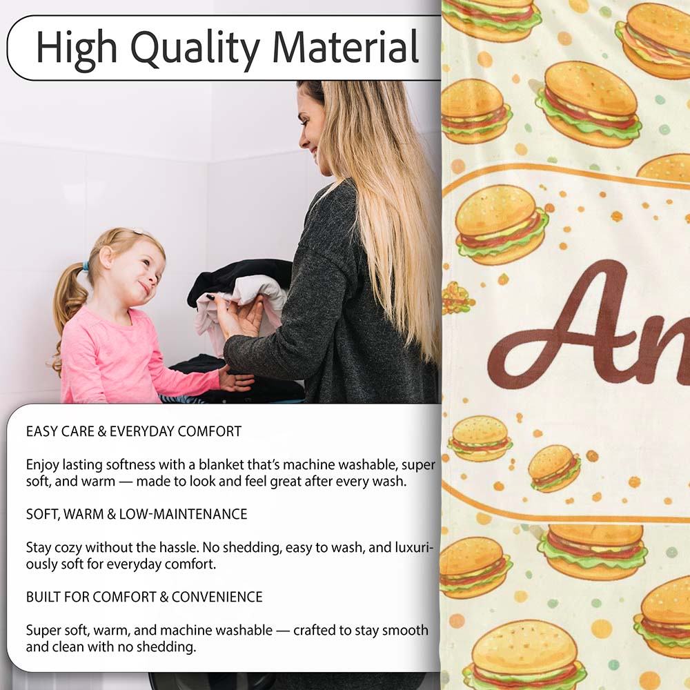 Cute Mini Burger Seamless Pattern Mint Green Background Fast Food  Personalised Custom Name Super Soft Fleece Blanket Bed Sofa Throw
